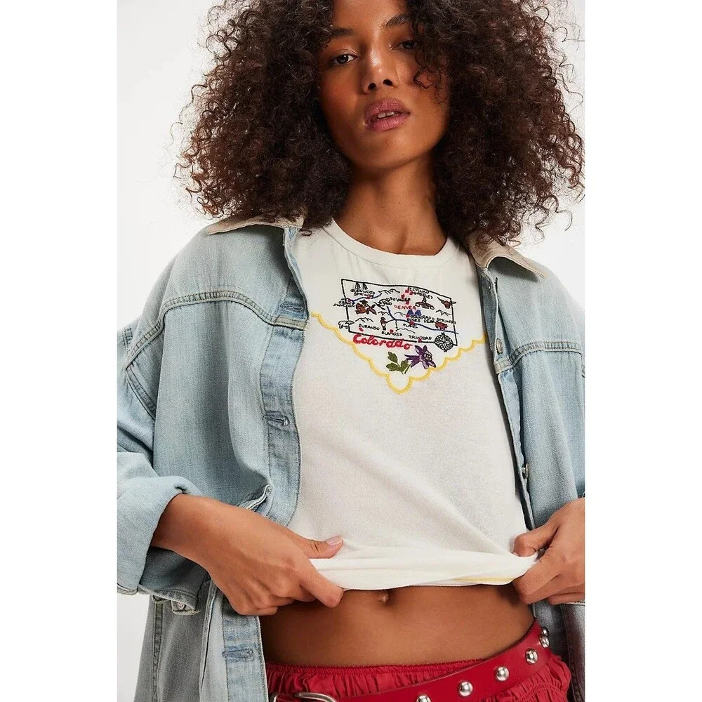 Free People We The Free Wild Country Tee Blouse Top Floral Embroidered XS 286455
